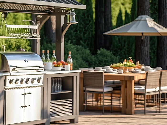 An outdoor grill and dining table in the background.